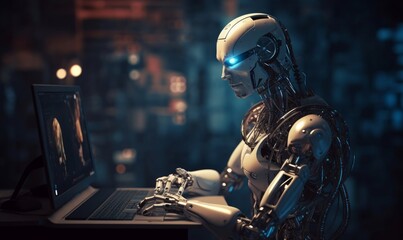a robot sitting in front of a computer, Generative AI  - obrazy, fototapety, plakaty