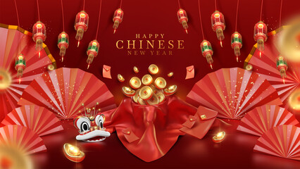 Red luxury background with gold coin in silk with 3d realistic chinese new year ornament and glitter light effect decoration and bokeh. Vector illustration.