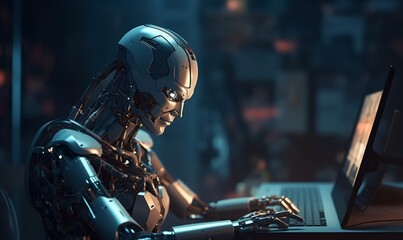 a robot sitting in front of a computer, Generative AI  - obrazy, fototapety, plakaty