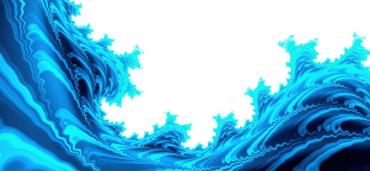 Fractal blue water splash texture on white background. Liquid, wave motion with copy space