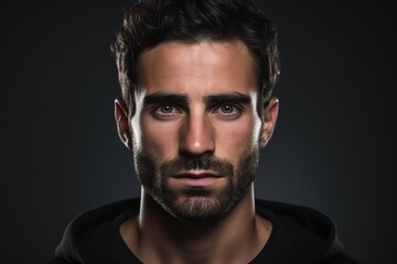 Portrait of a handsome young man with a beard on a dark background