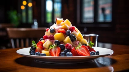 Fotobehang fruit salad in a glass bowl HD 8K wallpaper Stock Photographic Image  © AA