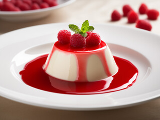Creamy panna cotta garnished with a raspberry coulis on a clear or white background.