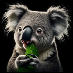 Portrait of cute koala bear chewing green leaf isolated on black background, wildlife and animals