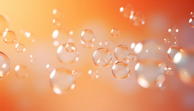 Translucent Soap bubbles on a pastel orange background. 