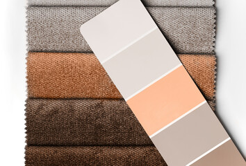 a variety of fabrics with a color palette. New trending PANTONE Peach Fuzz colour of 2024 year