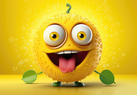 Ecstatic  lemon character with big eyes and tongue out, on a bubbly yellow background with green leaves.