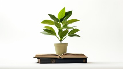 Book and plant isolated on white background