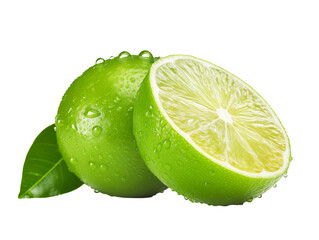 Isolated on a white background, a refreshing green lime with droplets of water.