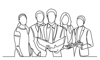 single line drawing of a group of businessmen and women standing, continuous line drawing of working people together in the office. Business team and teamwork concept. Isolated on a white background.
