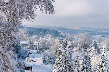Snowy and beautiful winter landscape in Alttann in Upper Swabia - obrazy, fototapety, plakaty