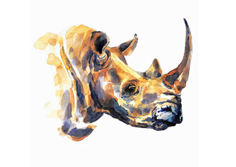 Powerful head of a rhinoceros in watercolor. - 690567089