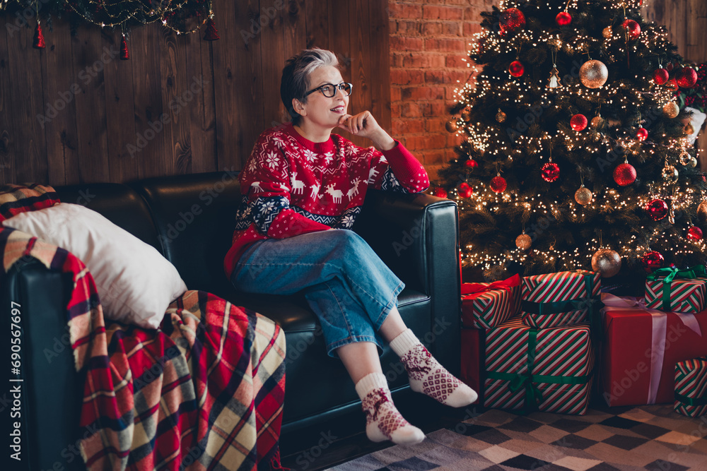 Sticker Full size photo of peaceful minded grandmother sitting comfy sofa brainstorming enjoy evergreen tree lights house indoors