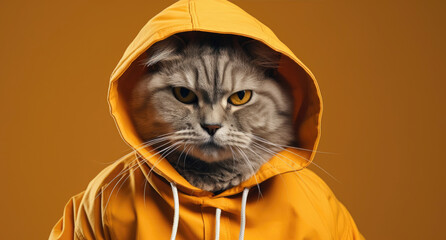 Serious gray cat with captivating yellow eyes cloaked in a yellow hoodie, set against a monochrome background. - Powered by Adobe
