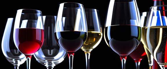 Several wine glasses contain various wines, including red wine and white wine, close-up, Generative Ai
