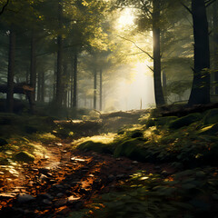 A tranquil forest with sunlight filtering through the trees