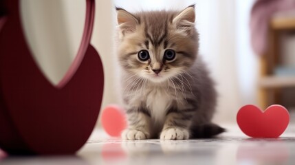 A curious kitten staring at its reflection in a heart-shaped mirror.
