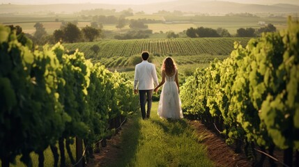 A couple strolling hand in hand amidst a picturesque vineyard, capturing the essence of romance and natural beauty.