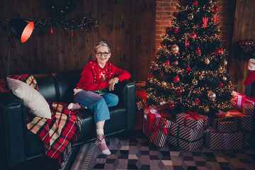 Full length photo of grandmother sitting on divan relaxed chilling prepared gifts for family near...
