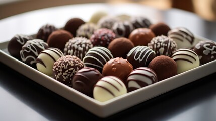 A delectable arrangement of assorted chocolate bonbons in vibrant colors and decadent flavors.