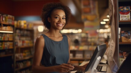 A friendly African American saleswoman helps customers in a grocery mini-market, operating as a cashier and facilitating a seamless shopping experience.