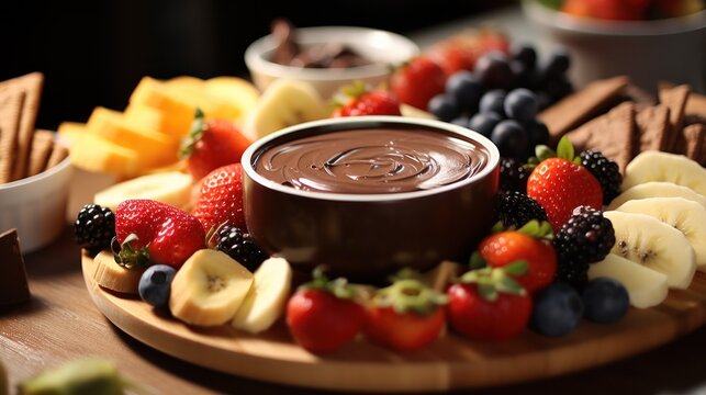 A decadent chocolate fondue dip with an assortment of fruits and treats.