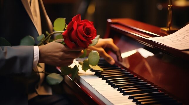 A heartfelt expression of love captured through a man's hand writing a love letter, accompanied by a stunning fresh red rose.