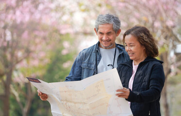 happy asian senior couple traveling,mature man and woman looking at paper map together while visit tree pink flowering - obrazy, fototapety, plakaty
