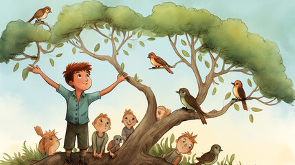 children playing in the park with birds Ai Generated cartoon cute boy  animals and birds in the forest