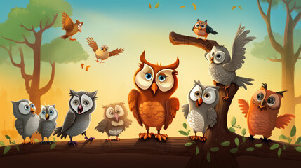 owl in the woods AI generated cartoon illustration of two owls perched on a tree branch in...