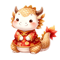 Watercolor Cute Dragon wearing a red qipao Celebrating Chinese New Year