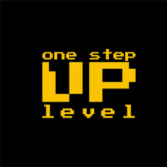Fototapeta premium One level higher 8-bit pixel art on a black background with the number 1 on the letter U in negative space..