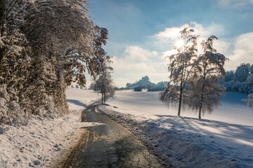 Snowy and beautiful winter landscape in Waldburg in Upper Swabia
