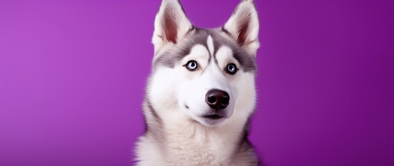 Fototapeta premium A close-up portrait of a husky dog with blue eyes and a purple background