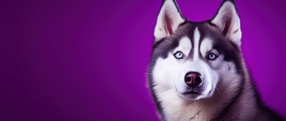 Obraz premium A close-up portrait of a husky dog with blue eyes and a purple background