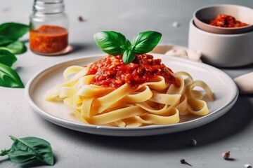 Pasta Tagliatelle Bolognese with meat tomato sauce and fresh basil leaves on white plate. Light gray table. Selective focus. generative ai. - obrazy, fototapety, plakaty