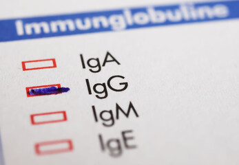 Viersen, Germany - May 9. 2023: Closeup of lab sheet for medical diagnostics immunglobulins blood test