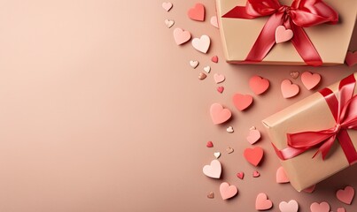 Two Colorful Gift Boxes Surrounded by Hearts on a Lovely Pink Background