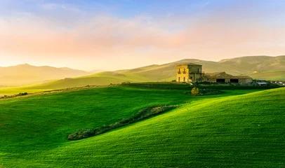 Crédence de cuisine en verre imprimé Vert green field in countryside at sunset in the evening light. beautiful spring landscape in the mountains. grassy field and hills. rural scenery