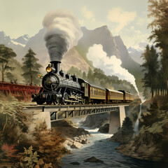A vintage train crossing a bridge over a river. - obrazy, fototapety, plakaty