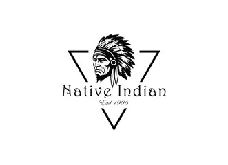 Indian Man Logo vintage style chief Apache mascot design character black and wahite silhouette vector illustration