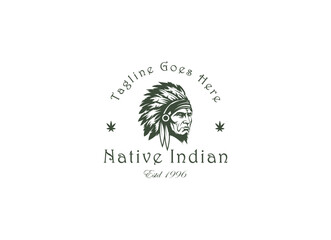 Indian Man Logo vintage style chief Apache mascot design character black and wahite silhouette vector illustration