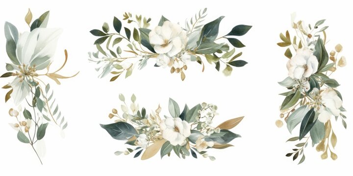 Fototapeta Watercolor floral illustration set. bouquets, frame, border. White flowers, rose, peony, gold green leaf branches collection. Wedding invites, wallpapers, fashion. Eucalyptus olive, Generative AI 