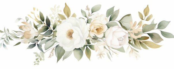 Watercolor floral illustration bouquet. white flowers, rose, peony, green and gold leaf branches collection. Wedding stationary, greetings, wallpapers, fashion, background. Eucalyptus, Generative AI 