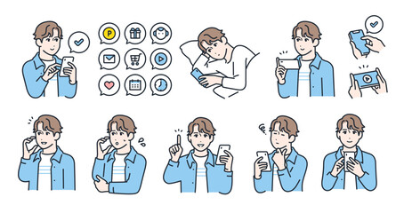 スマートフォンと若い男性のシンプルなベクターイラストセット素材