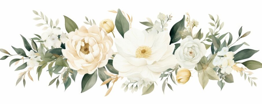 Fototapeta Watercolor floral illustration bouquet. white flowers, rose, peony, green and gold leaf branches collection. Wedding stationary, greetings, wallpapers, fashion, background. Eucalyptus, Generative AI 