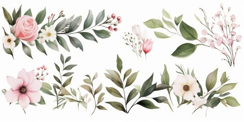 Watercolor floral illustration bouquet set. green leaves, pink peach blush white flowers branches. Wedding invitations, greetings, wallpapers, fashion, prints. Eucalyptus, olive, peony, Generative AI  - obrazy, fototapety, plakaty
