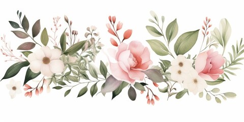 Watercolor floral illustration bouquet set. green leaves, pink peach blush white flowers branches. Wedding invitations, greetings, wallpapers, fashion, prints. Eucalyptus, olive, peony, Generative AI  - obrazy, fototapety, plakaty