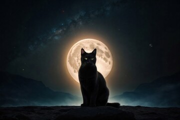 A Mysterious Black Cat Silhouetted Against a Majestic Full Moon