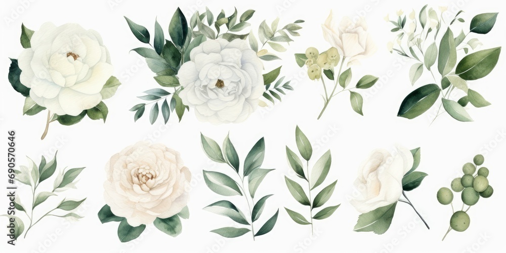 Wall mural water color floral illustration set. white flowers, green leaves individual elements collection. ros - Wall murals